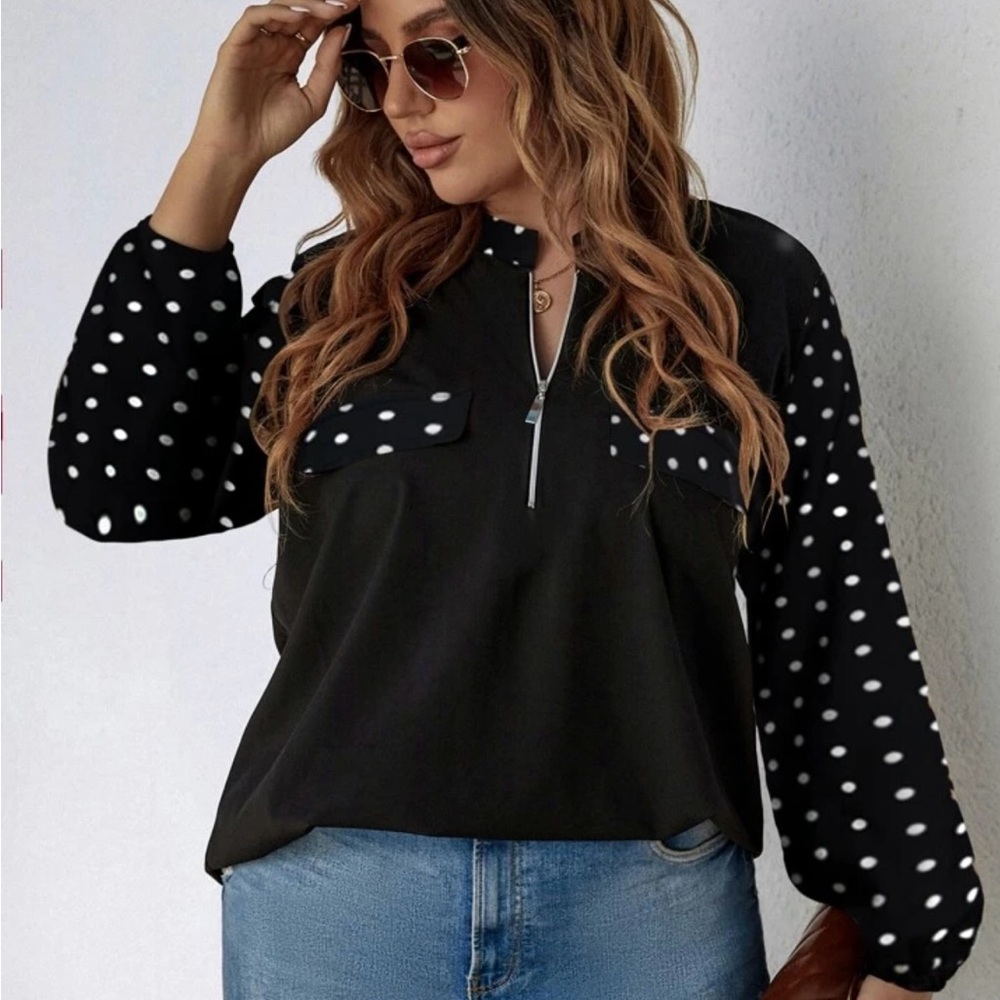 4XL Women's Shein Black half zip Blouse with White Dots